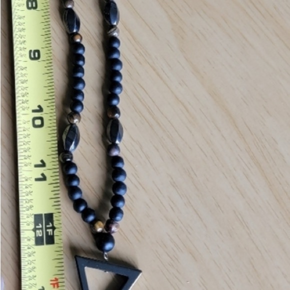 Black and Gold Hermatite and Lava Beaded Necklace with Triangle Pendant - Picture 7 of 7